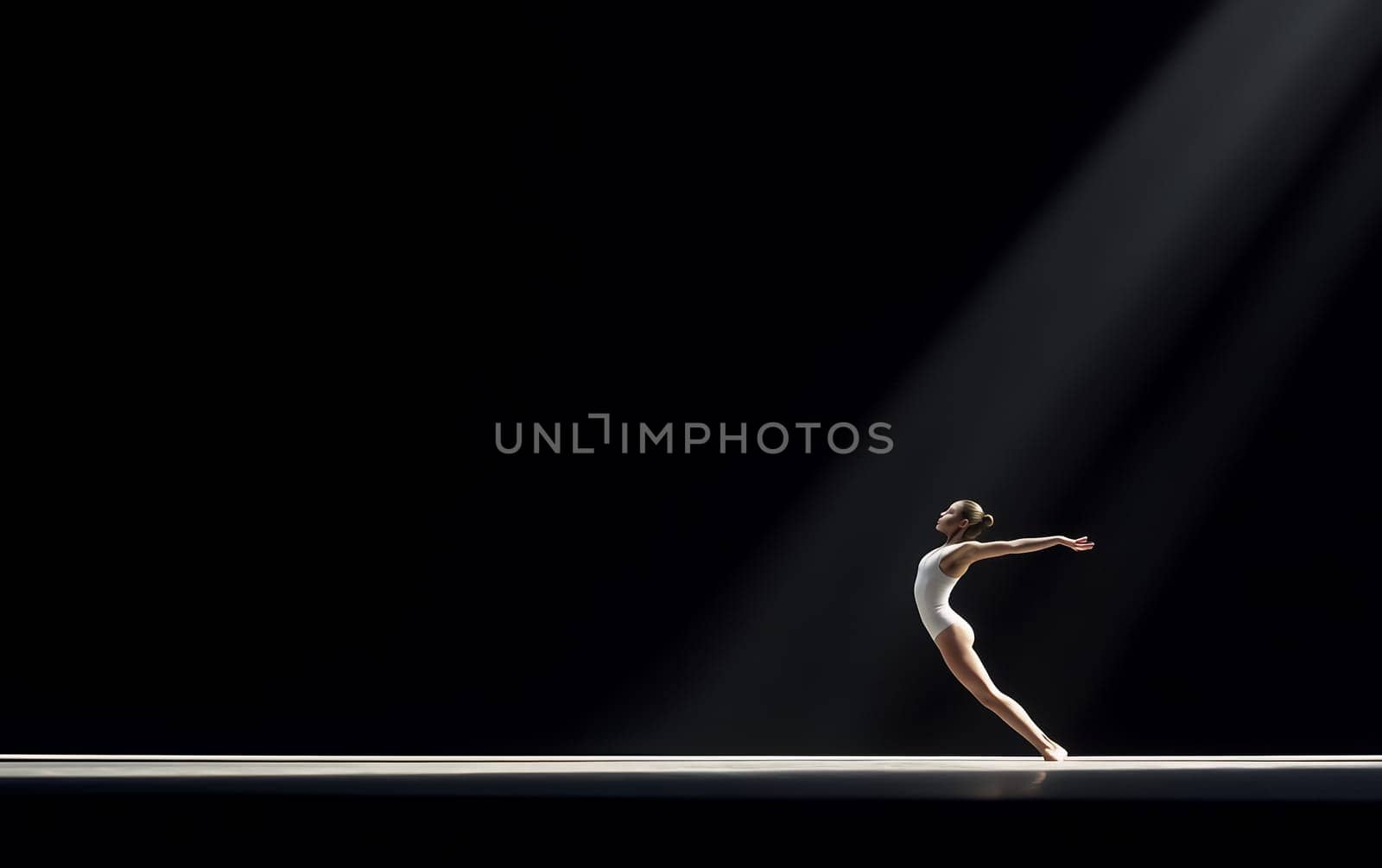 A lone dancer elegantly poses under a spotlight on a dark stage, creating a dramatic performance scene.