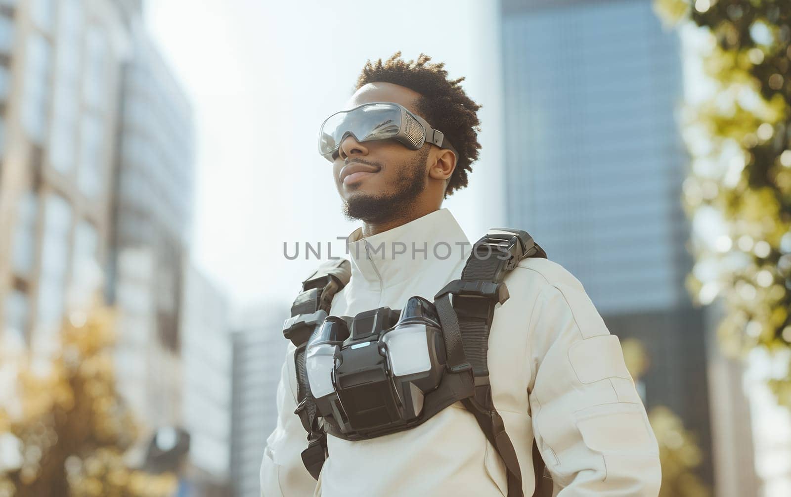 A man wearing futuristic goggles and gear stands confidently in a modern cityscape, embodying innovation.