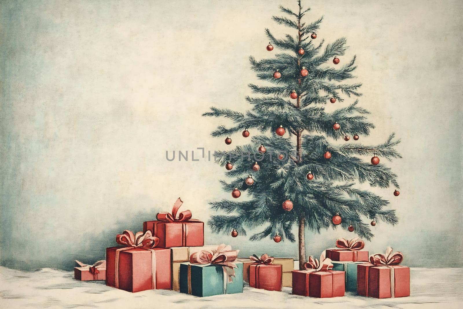 Presents in vibrant wrapping are stacked near a beautifully decorated Christmas tree with ornaments in a serene winter atmosphere.