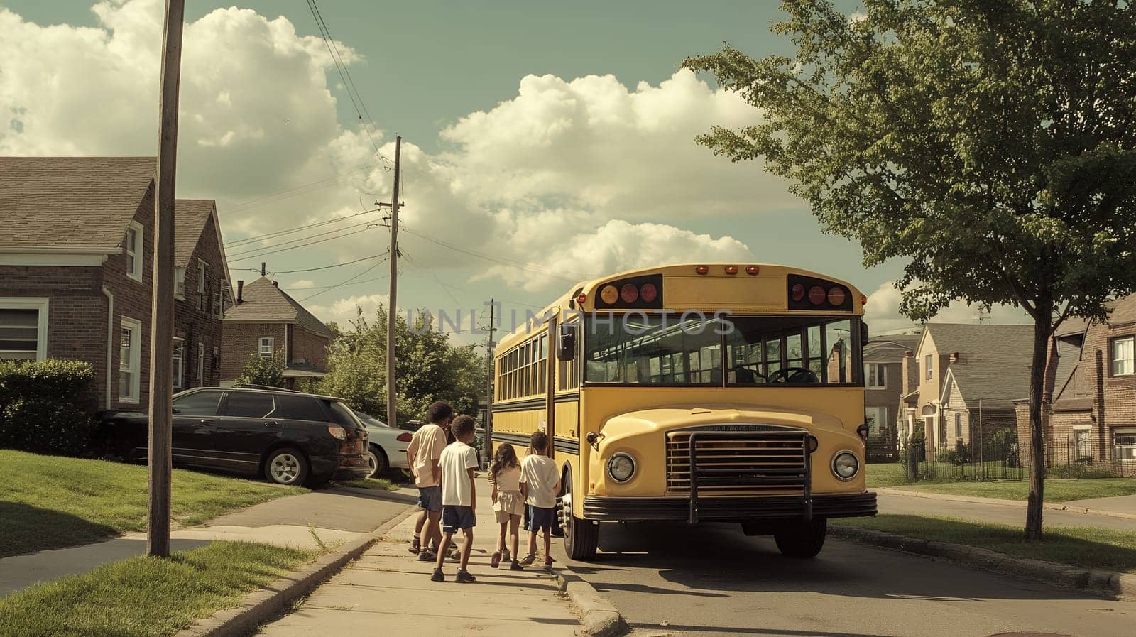 A group of children eagerly boards a yellow school bus on a sunny day, ready for a day of learning.