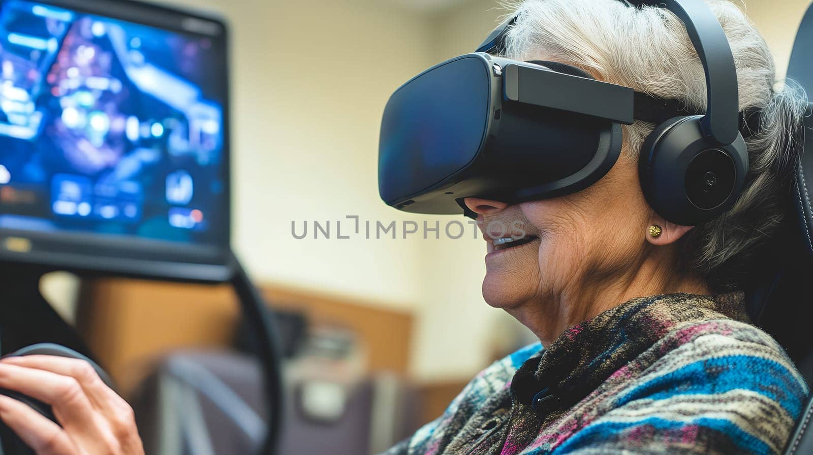 An elderly woman smiles as she experiences virtual reality through a headset, embracing new technology.
