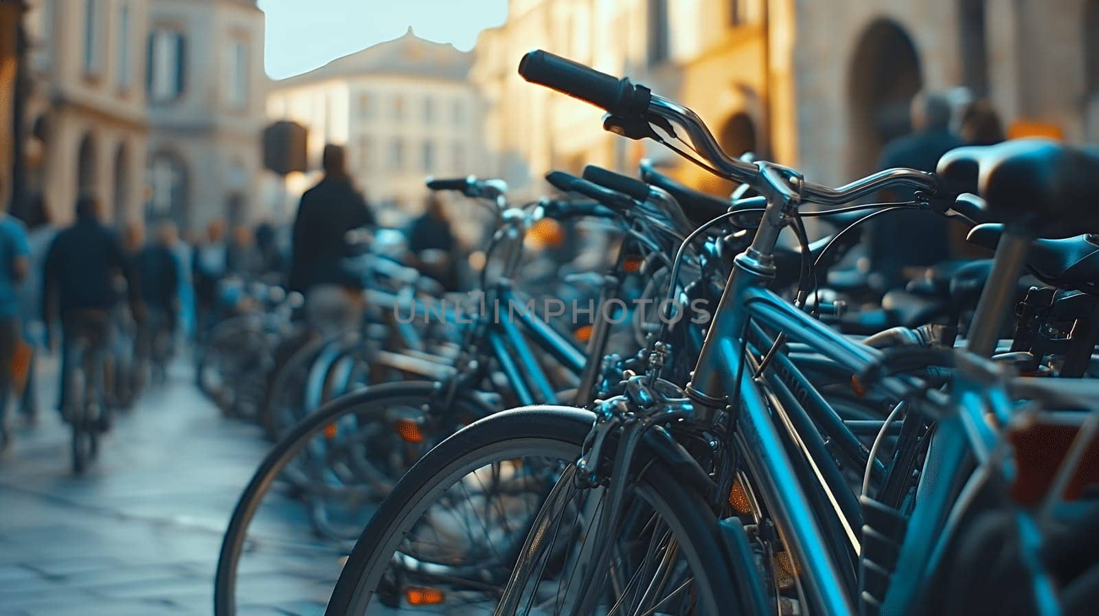 Rows of bicycles parked on a bustling city street, showcasing urban transportation and lifestyle.