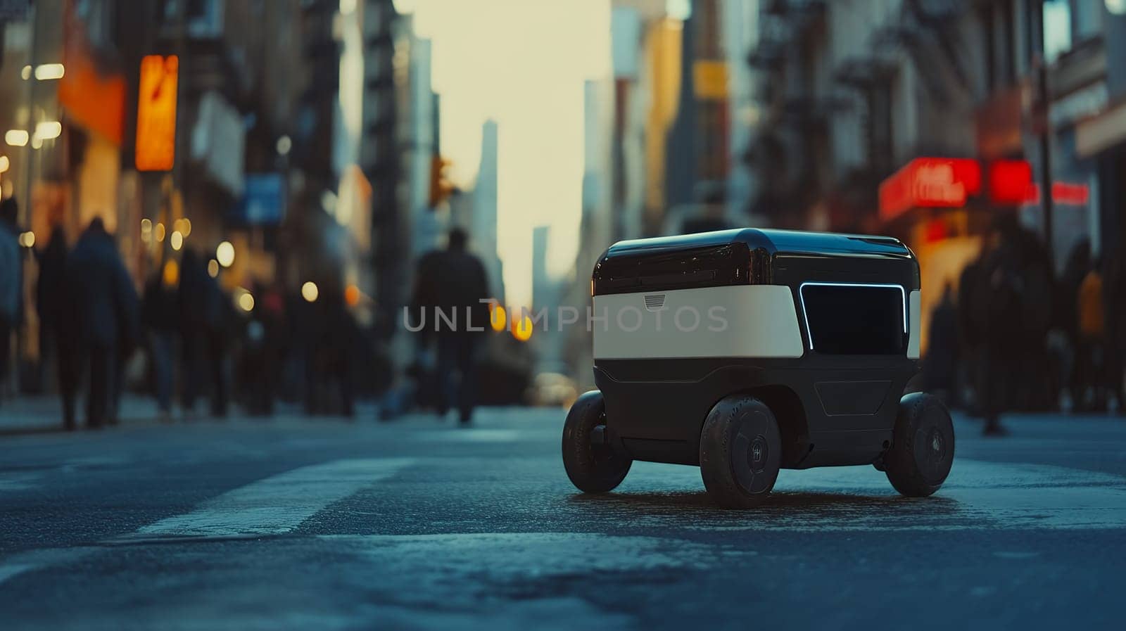 A sleek autonomous delivery robot travels down a bustling city street, showcasing innovation in urban logistics.
