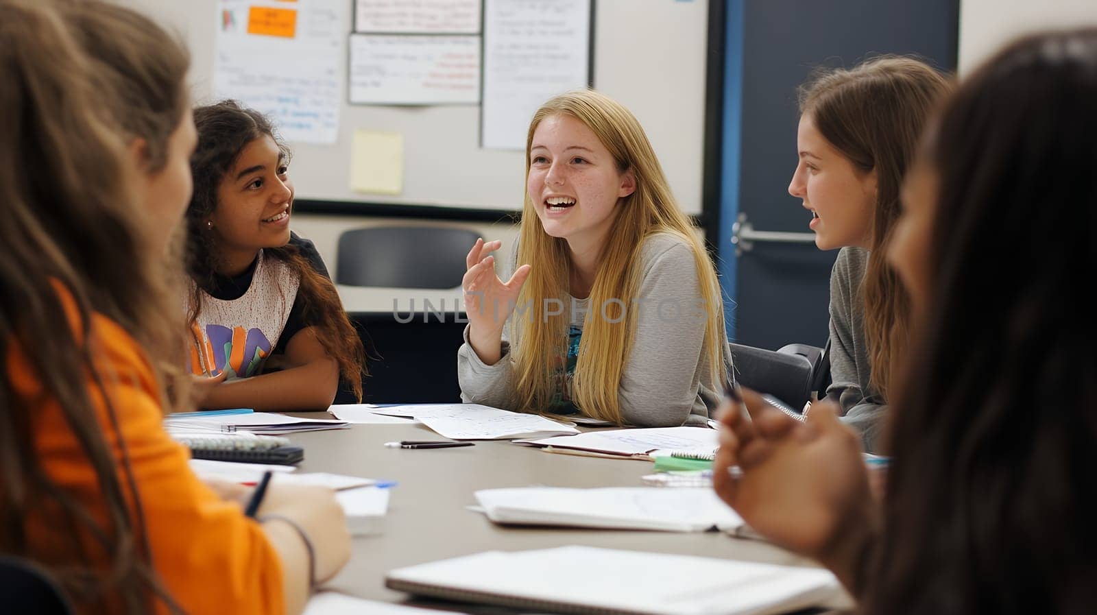 Teenagers engaging in a lively group discussion in a classroom, highlighting communication and teamwork.