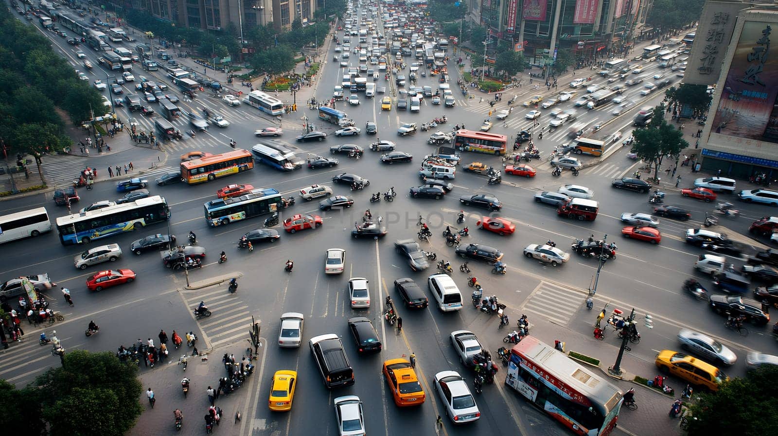 A bustling city intersection filled with a variety of vehicles, illustrating the chaos of urban traffic.