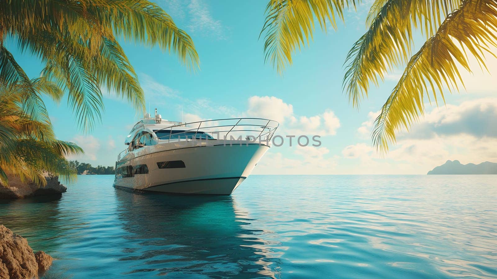 A luxury yacht anchored in a tranquil tropical paradise, surrounded by turquoise waters and lush palm trees.