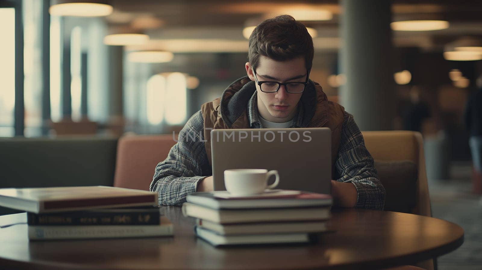 A focused student studying with a laptop in a cozy library setting, emphasizing education and concentration.
