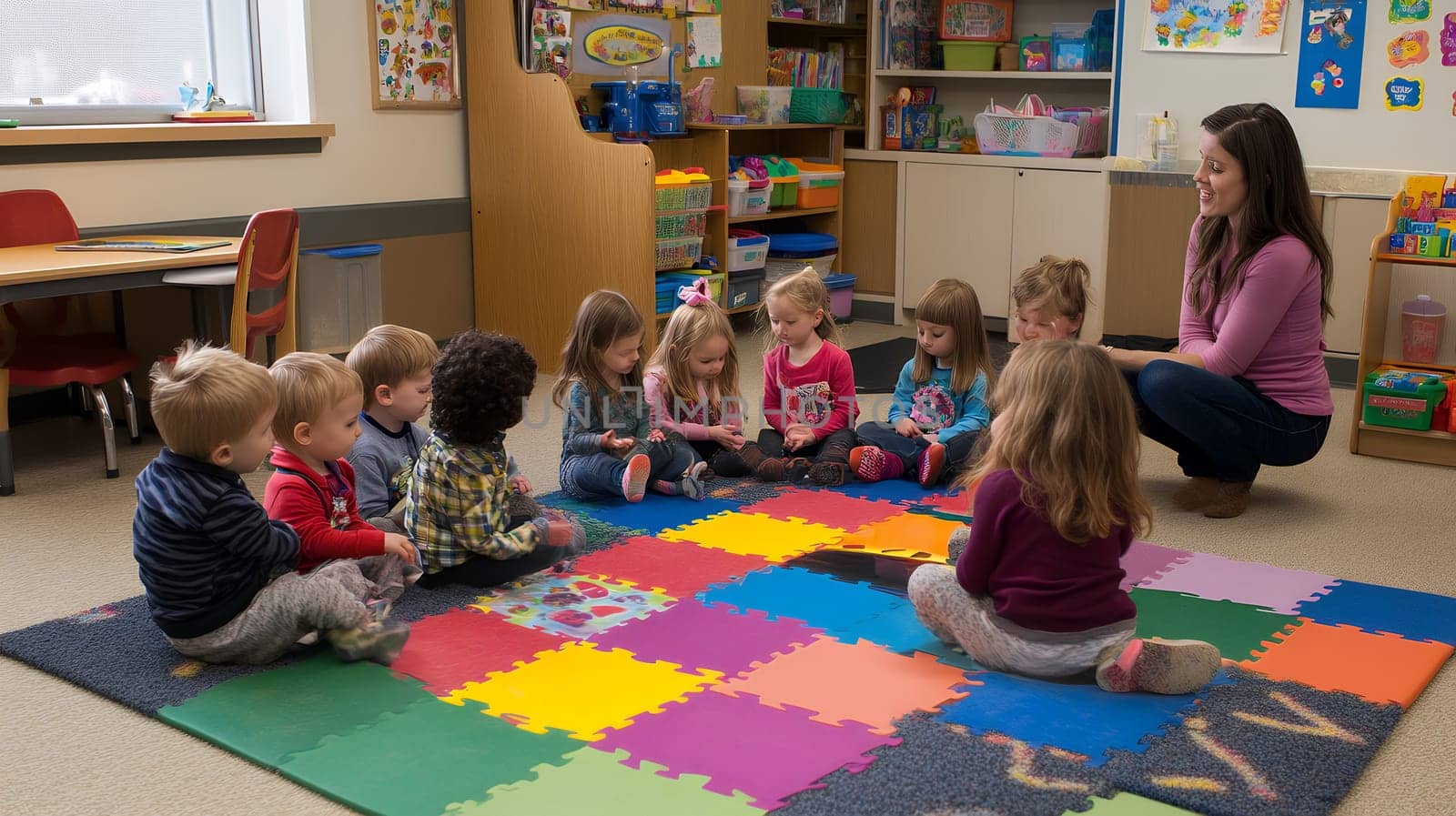 A group of preschool children sitting in a circle with their teacher during a playful and educational session.