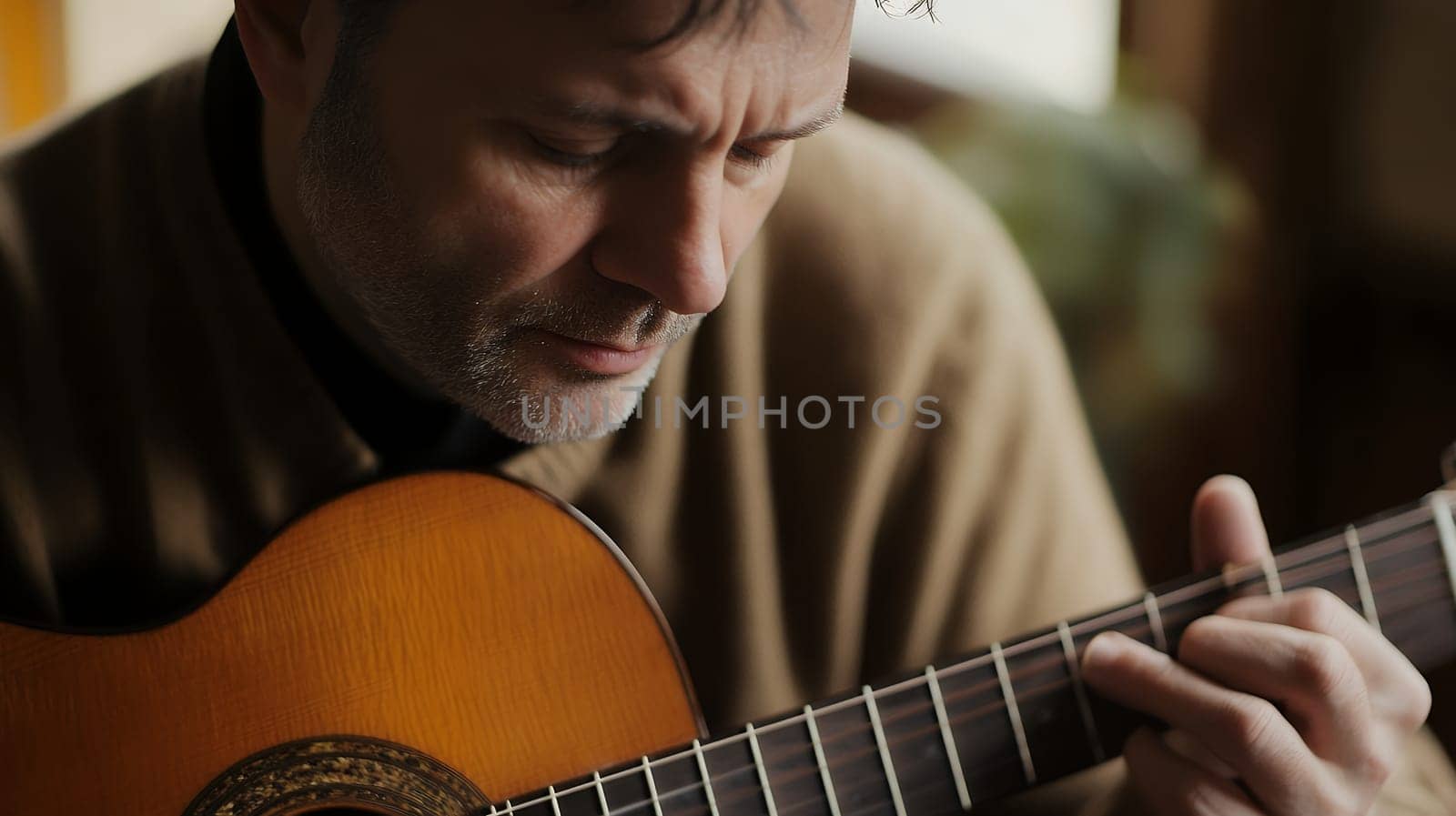 A focused man serenely playing an acoustic guitar indoors, expressing emotion through his music.