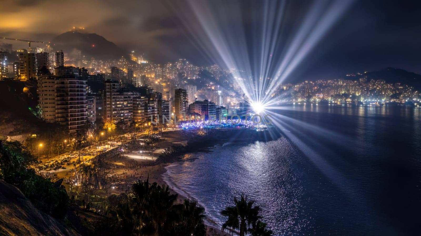 A coastal city sparkles under the night sky showcasing colorful lights and lively activity along the beach and waterfront.
