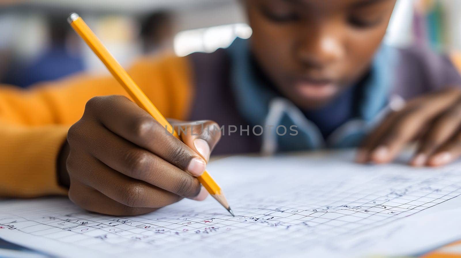 A child focuses intently on math homework, holding a pencil, fostering academic skills and concentration.