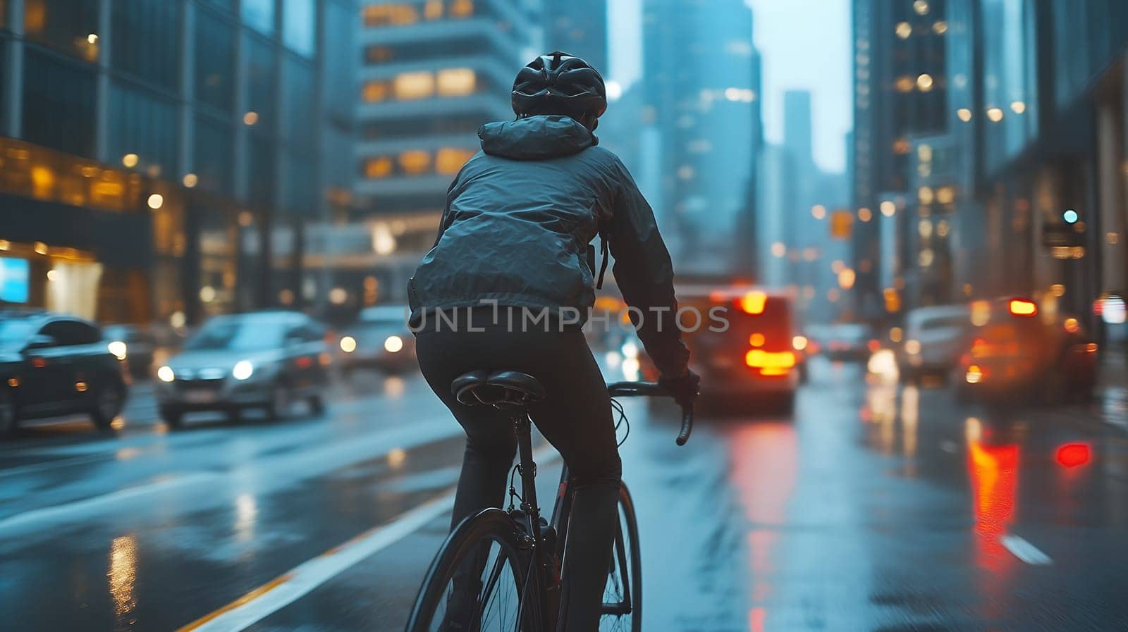 A cyclist rides through a rainy city street, surrounded by cars and skyscrapers, showcasing urban commuting.
