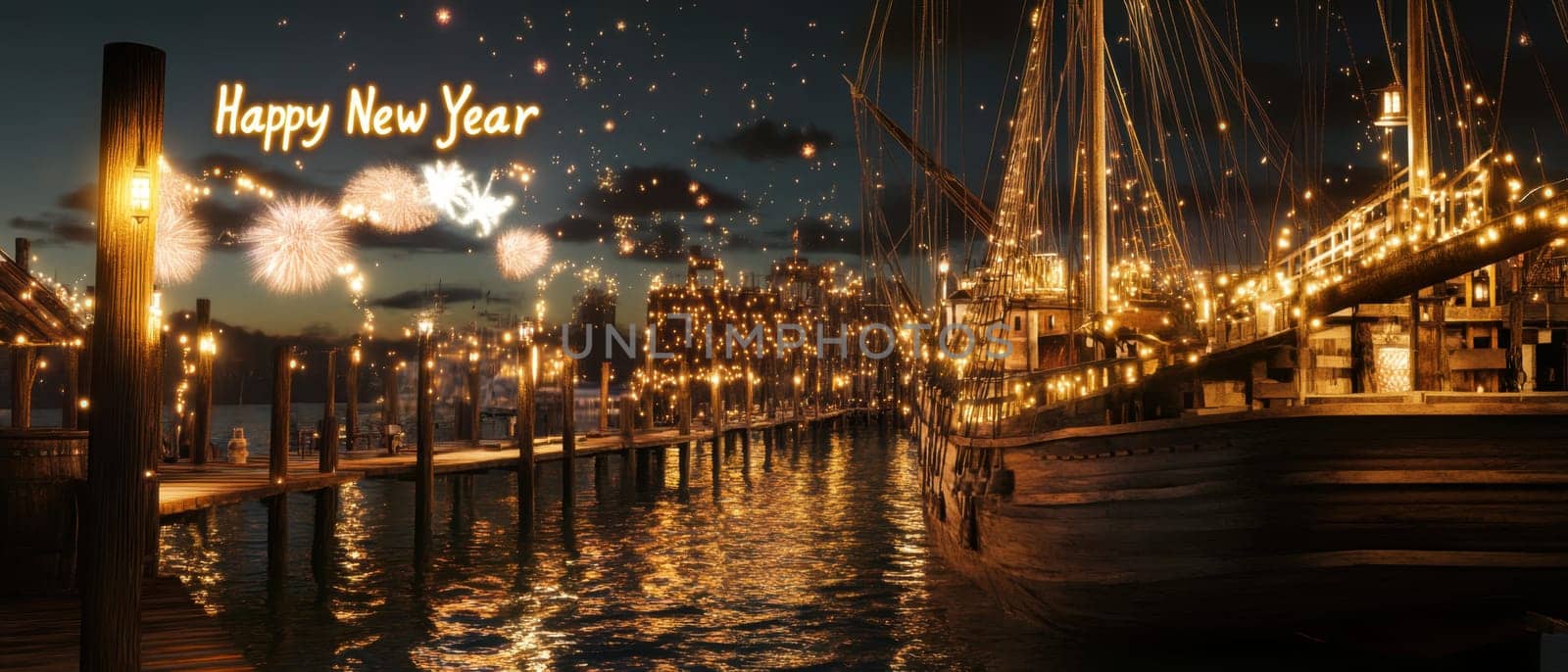 Festive lights adorn the harbor as fireworks light up the night sky celebrating New Years Eve with joy and excitement.