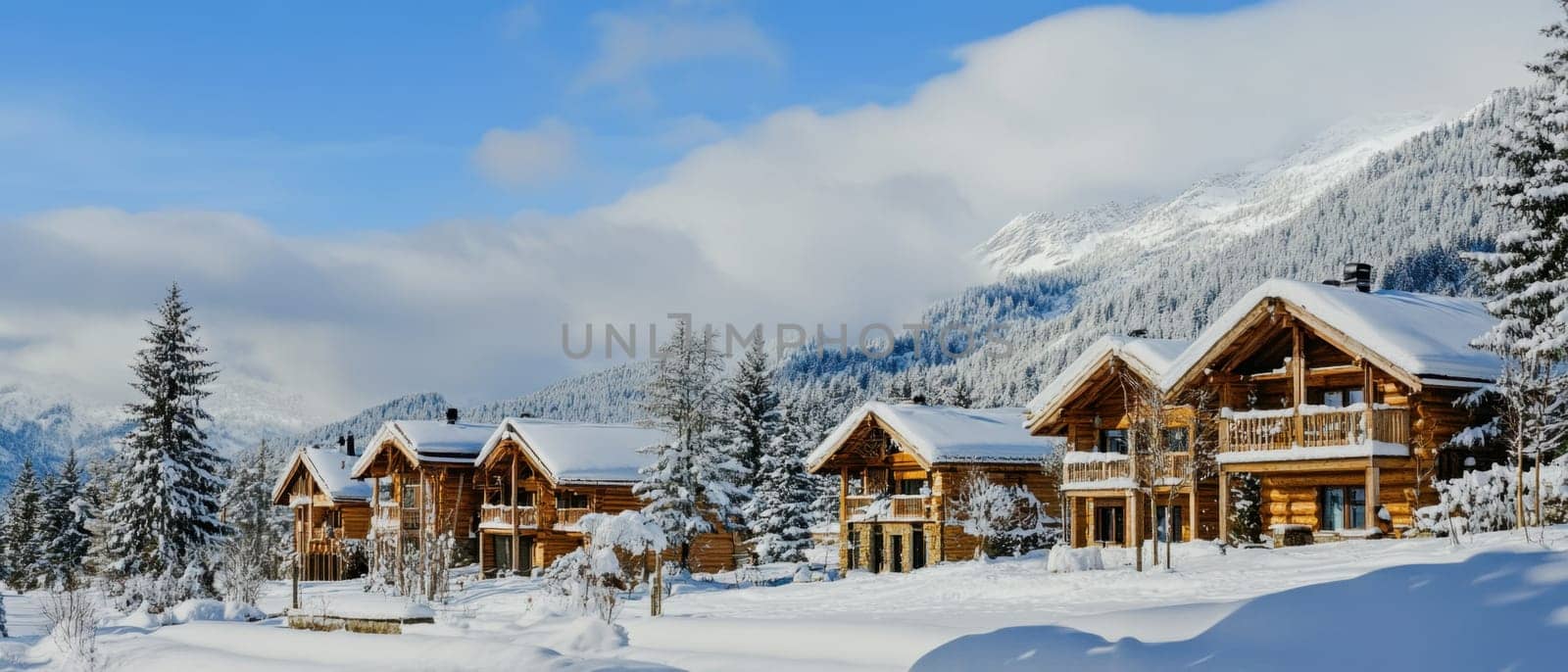 A charming village features wooden cabins blanketed in snow surrounded by majestic mountains under a bright blue sky during winter.