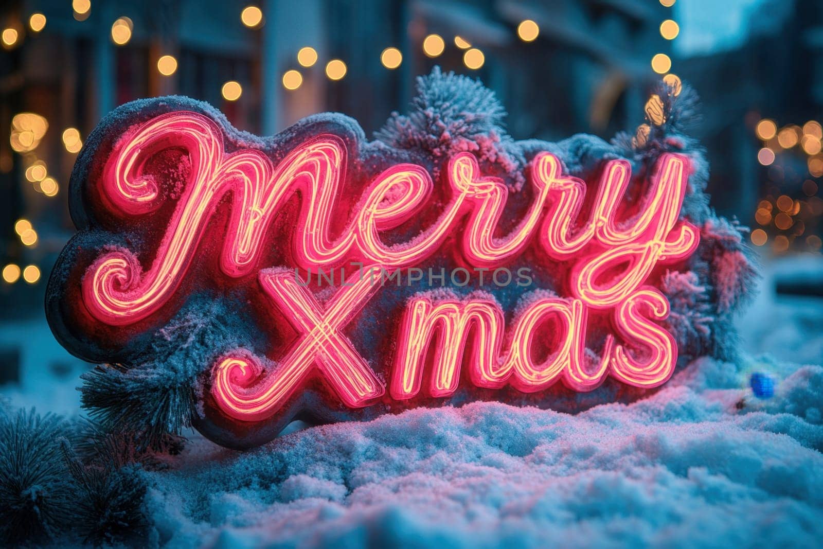 A vibrant Merry Xmas sign illuminates a snowy landscape adorned with twinkling lights creating a joyful holiday atmosphere.
