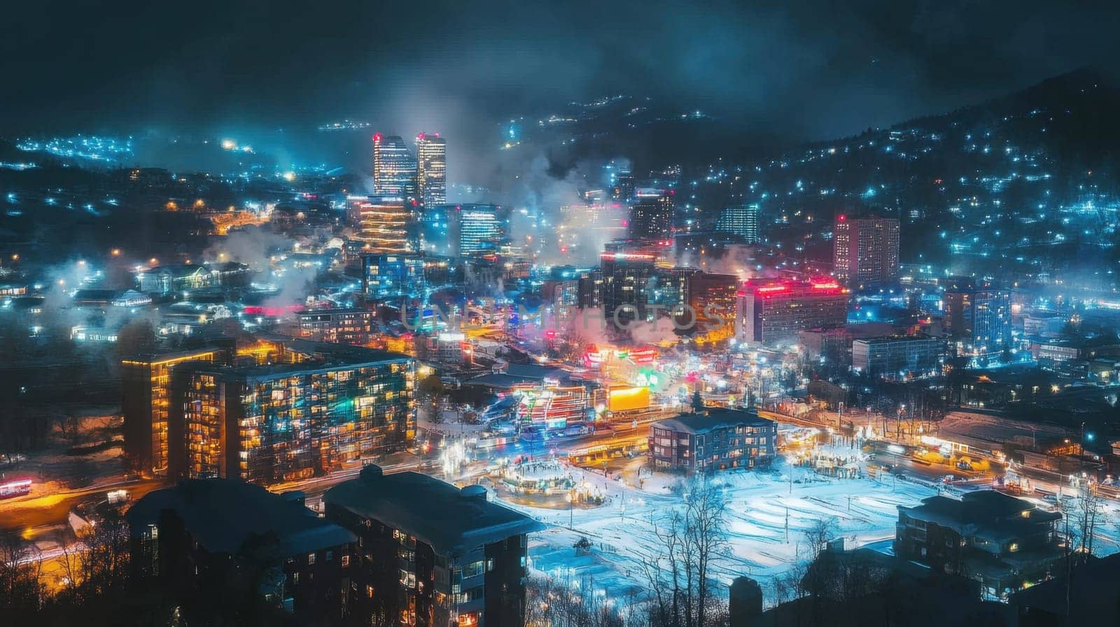 A bustling city illuminated with colorful lights at night showcasing skyscrapers and a lively atmosphere filled with activity.
