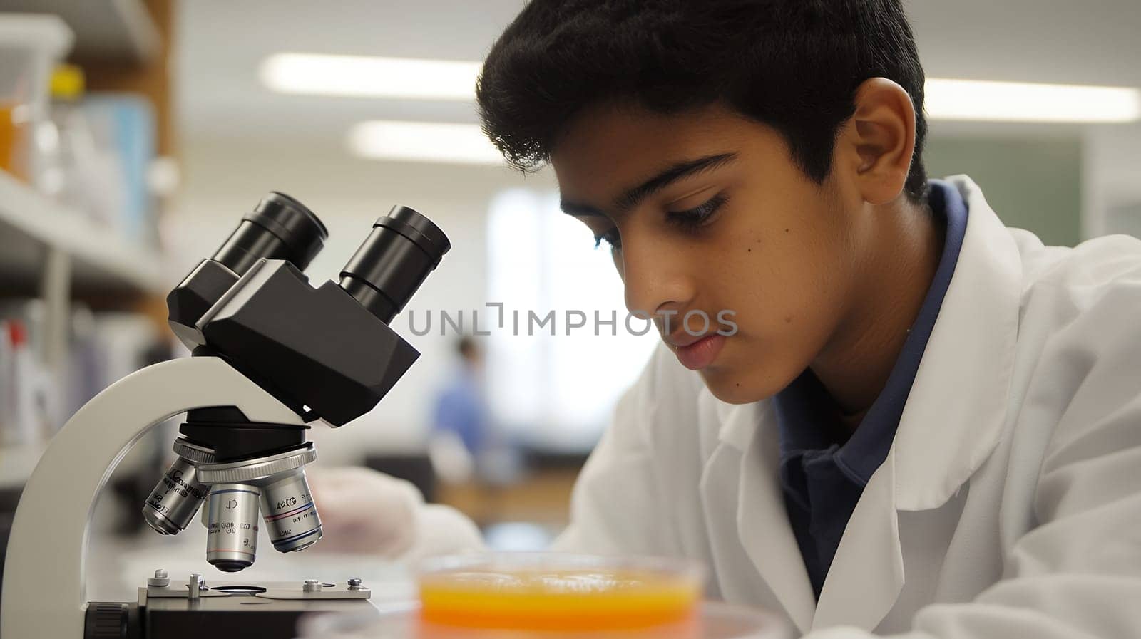 A focused young scientist examines a sample under a microscope in a lab, fostering scientific curiosity and discovery.