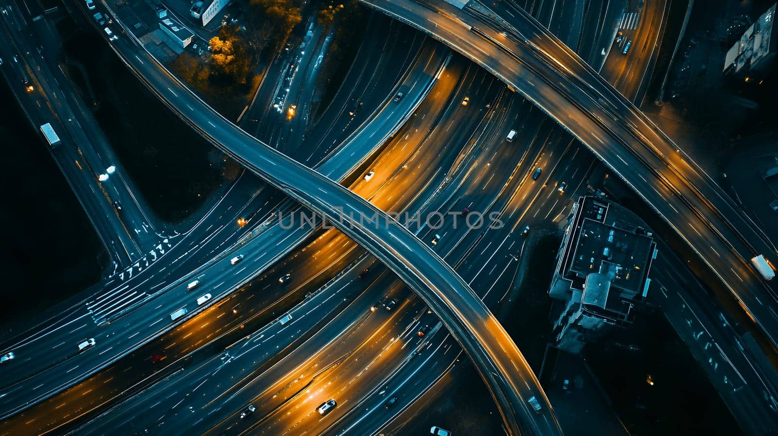 A stunning aerial perspective of a bustling urban highway interchange illuminated at night, showcasing intricate traffic patterns.
