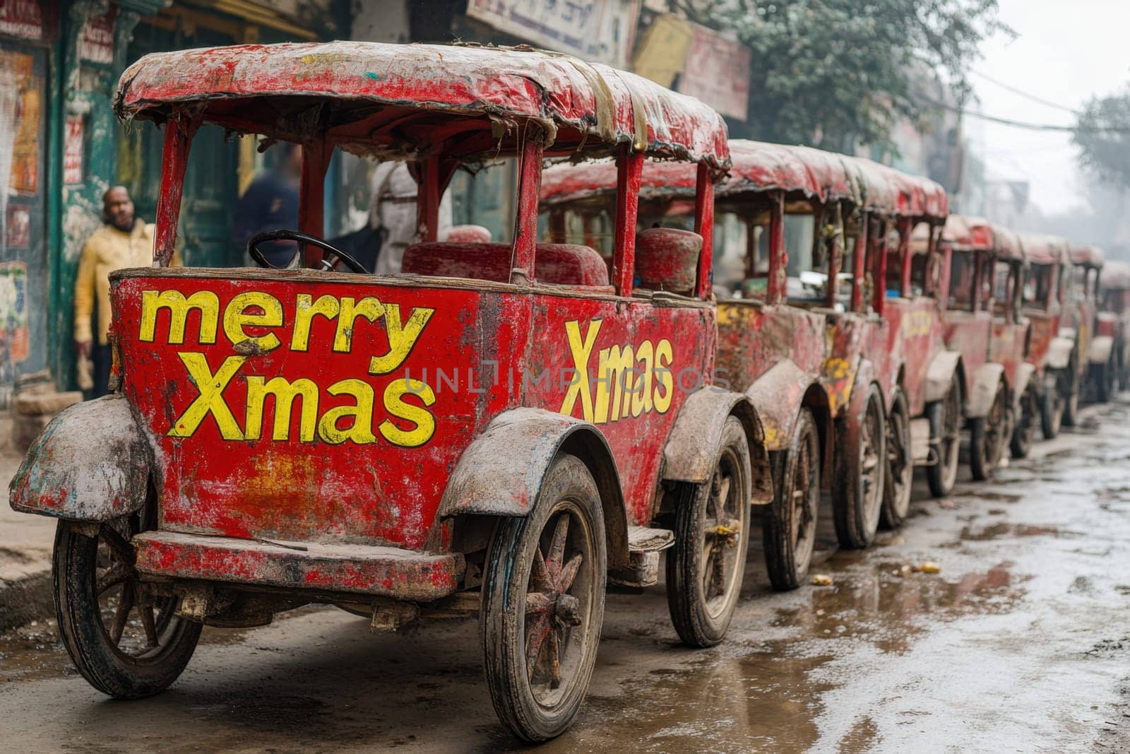 A row of colorful vintage vehicles with holiday greetings sits parked along a muddy street in an urban area showcasing seasonal cheer.