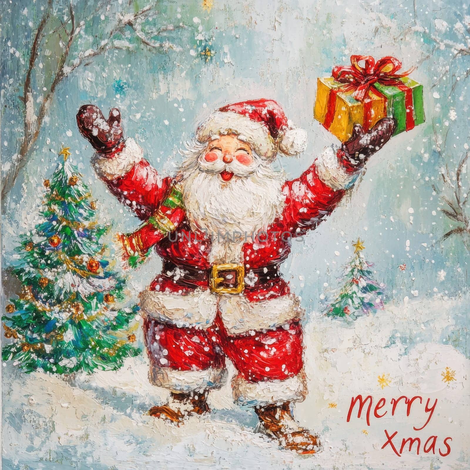 Santa Claus joyfully holds a gift in a snowy winter setting surrounded by a decorated Christmas tree and falling snowflakes.