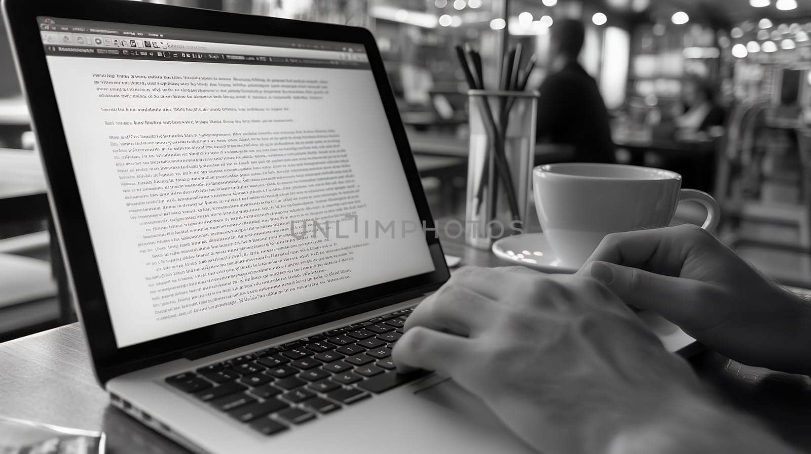 Hands typing on a laptop in a cozy cafe, alongside a cup of coffee, creating a warm and productive atmosphere.