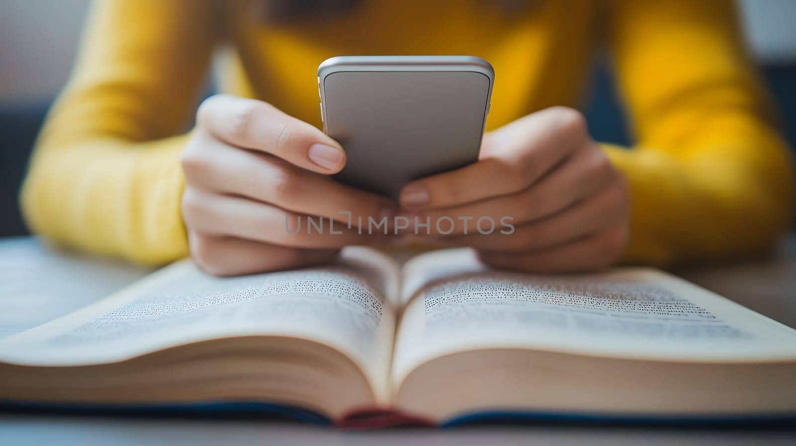 A close up of hands holding a smartphone over an open book, blending digital and traditional media.