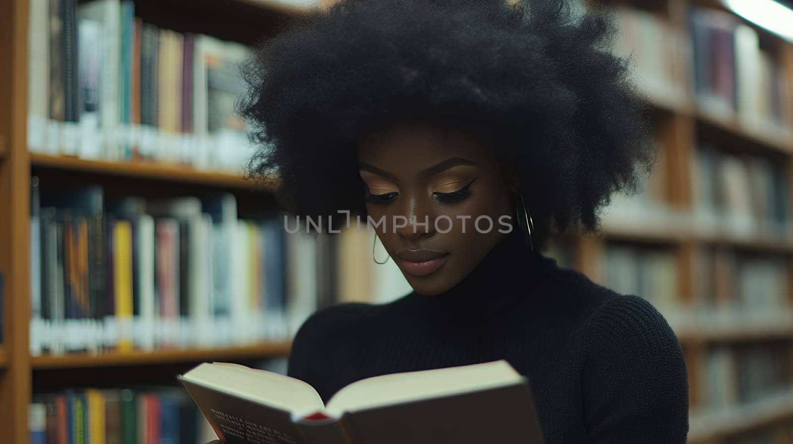 A young woman engrossed in a book in a library, surrounded by shelves of colorful books.