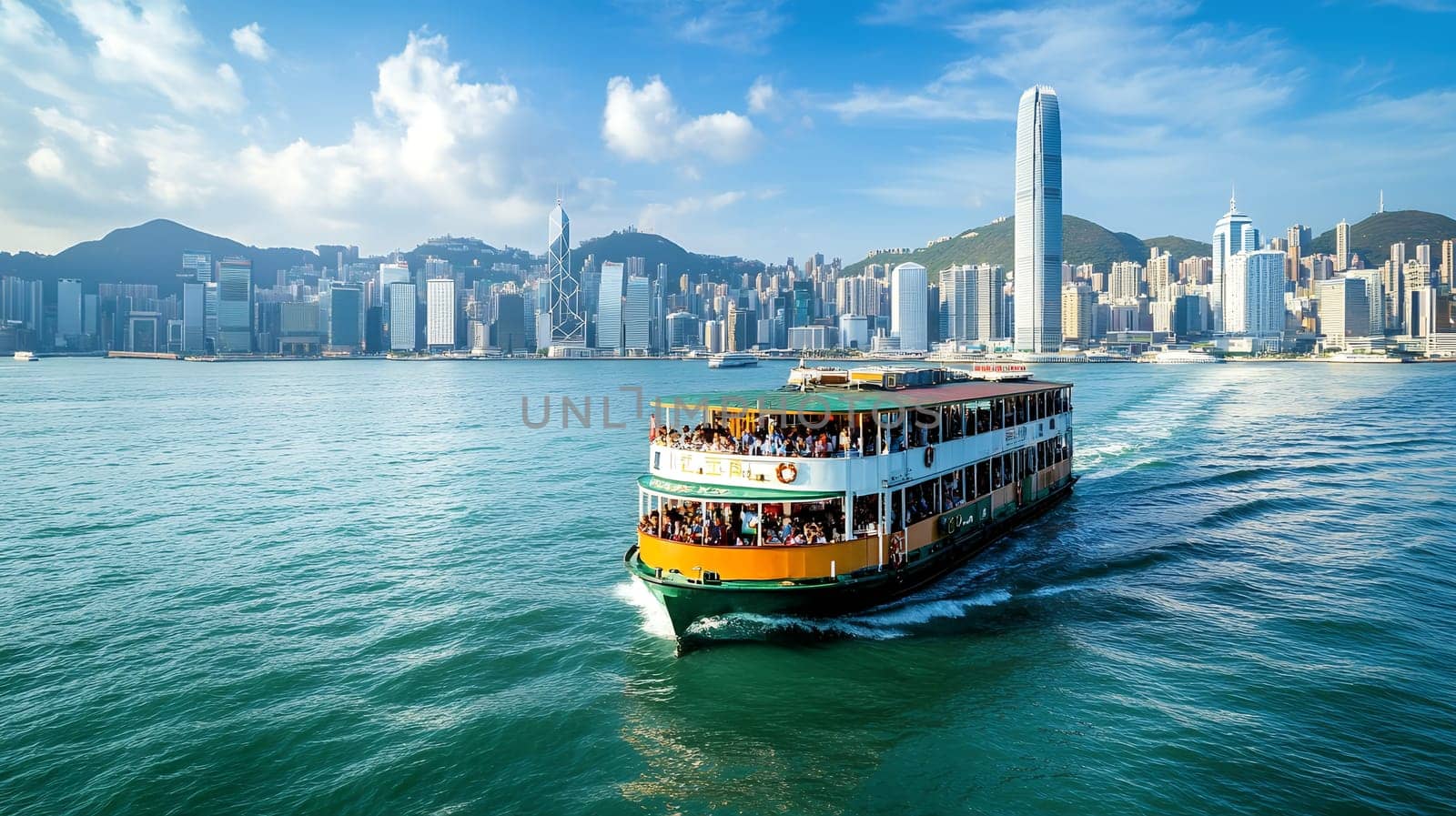 Traditional ferry boat crossing Victoria Harbor with Hong Kong skyline backdrop featuring modern skyscrapers and mountains under blue sky.