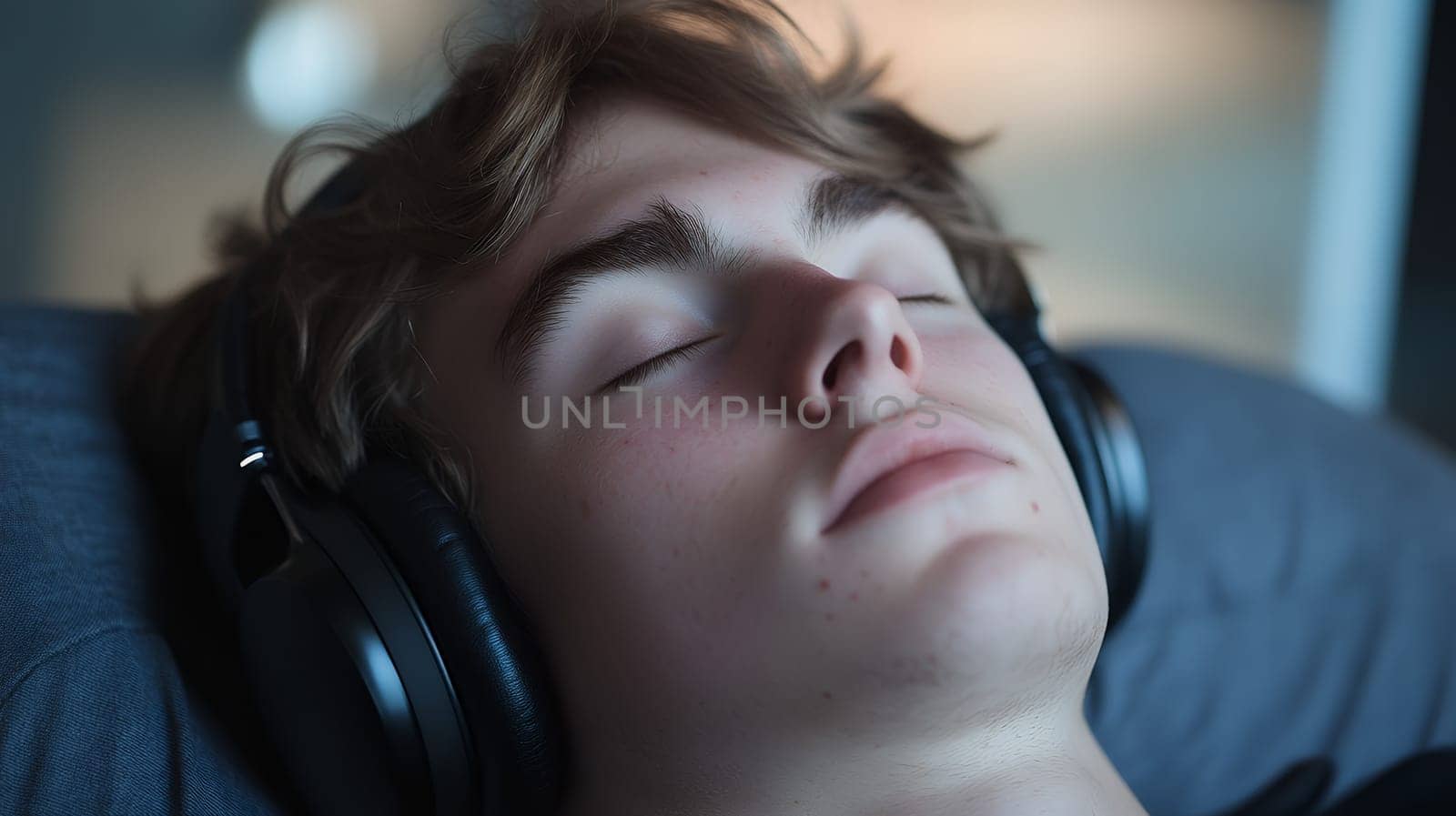 Close up of person wearing headphones with eyes closed, enjoying music in relaxed state with soft lighting creating peaceful atmosphere.