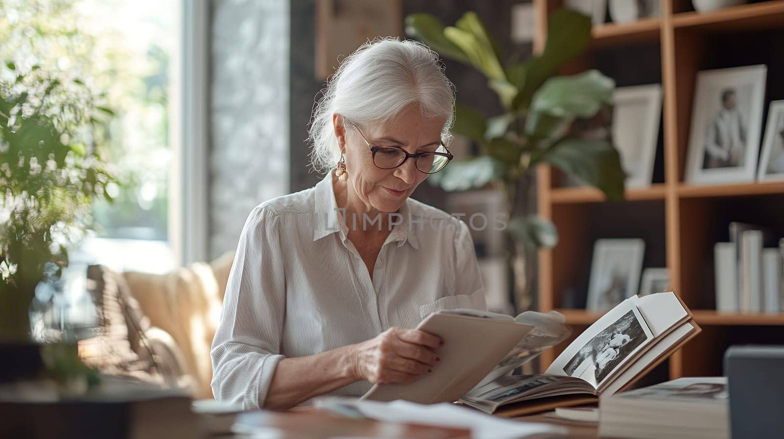 Elegant senior woman in white shirt reviewing photo album near window, surrounded by houseplants and bookshelves in cozy home setting.