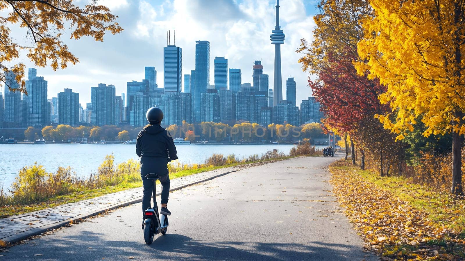 Person riding an electric scooter through a park with vibrant autumn foliage and city skyline in the background.