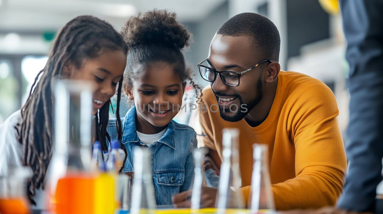 Science lesson with teacher and students examining colorful chemistry experiments, focus on engagement and learning in modern classroom setting.