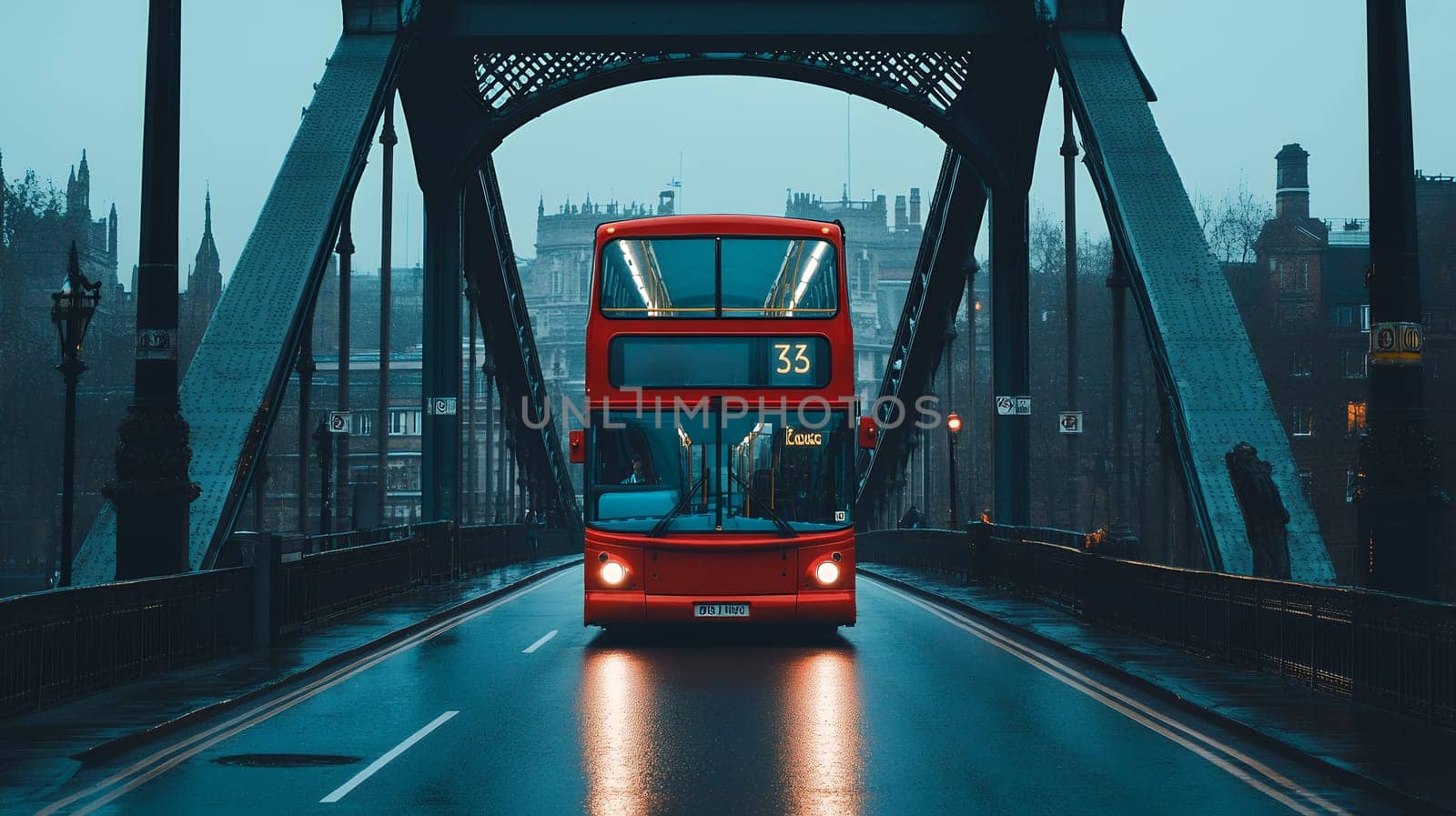 An iconic red double decker bus crossing a city bridge, capturing the essence of urban transport and architecture.