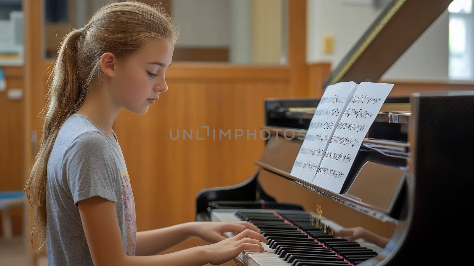 A young girl practicing piano in a music room, concentrating on sheet music and developing her musical talent.