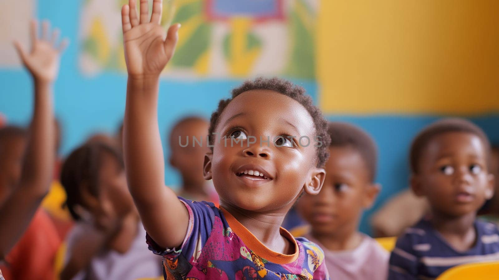A curious child eagerly raising their hand in a colorful classroom, ready to answer or ask a question.