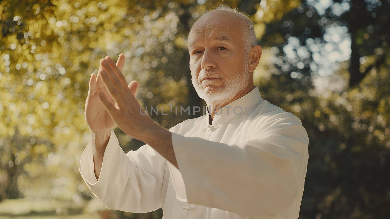 An elderly man in a white outfit practicing Tai Chi in a sunlit park, embodying peace and vitality.