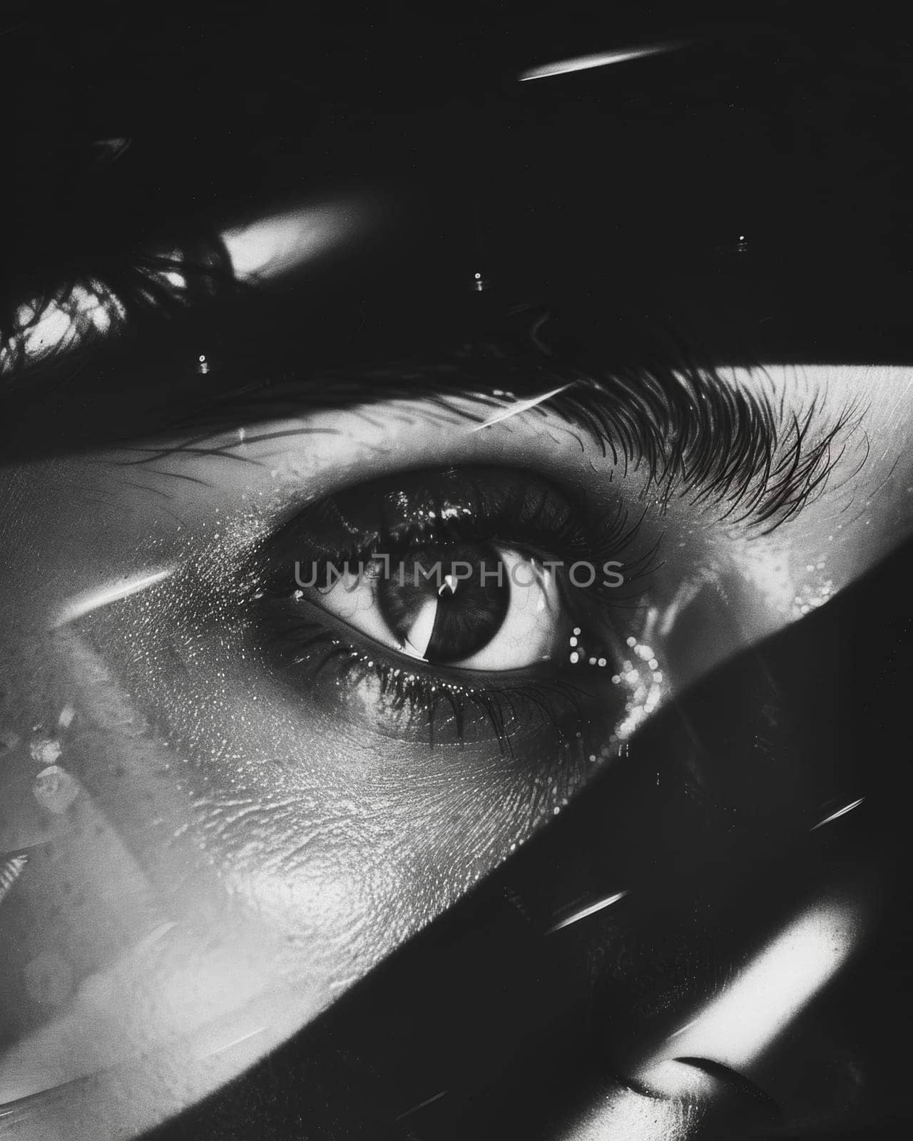 Dramatic black and white close-up of human eye with light reflections