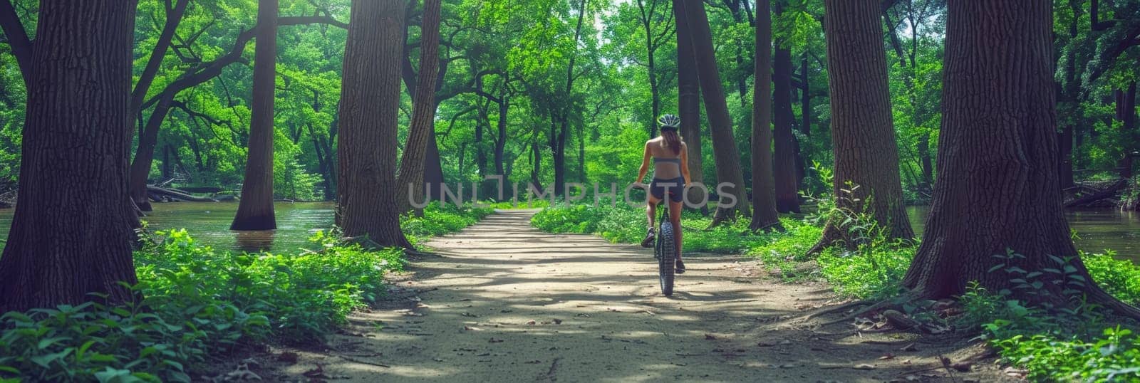 Three female cyclists ride on a dirt path surrounded by towering trees and verdant foliage