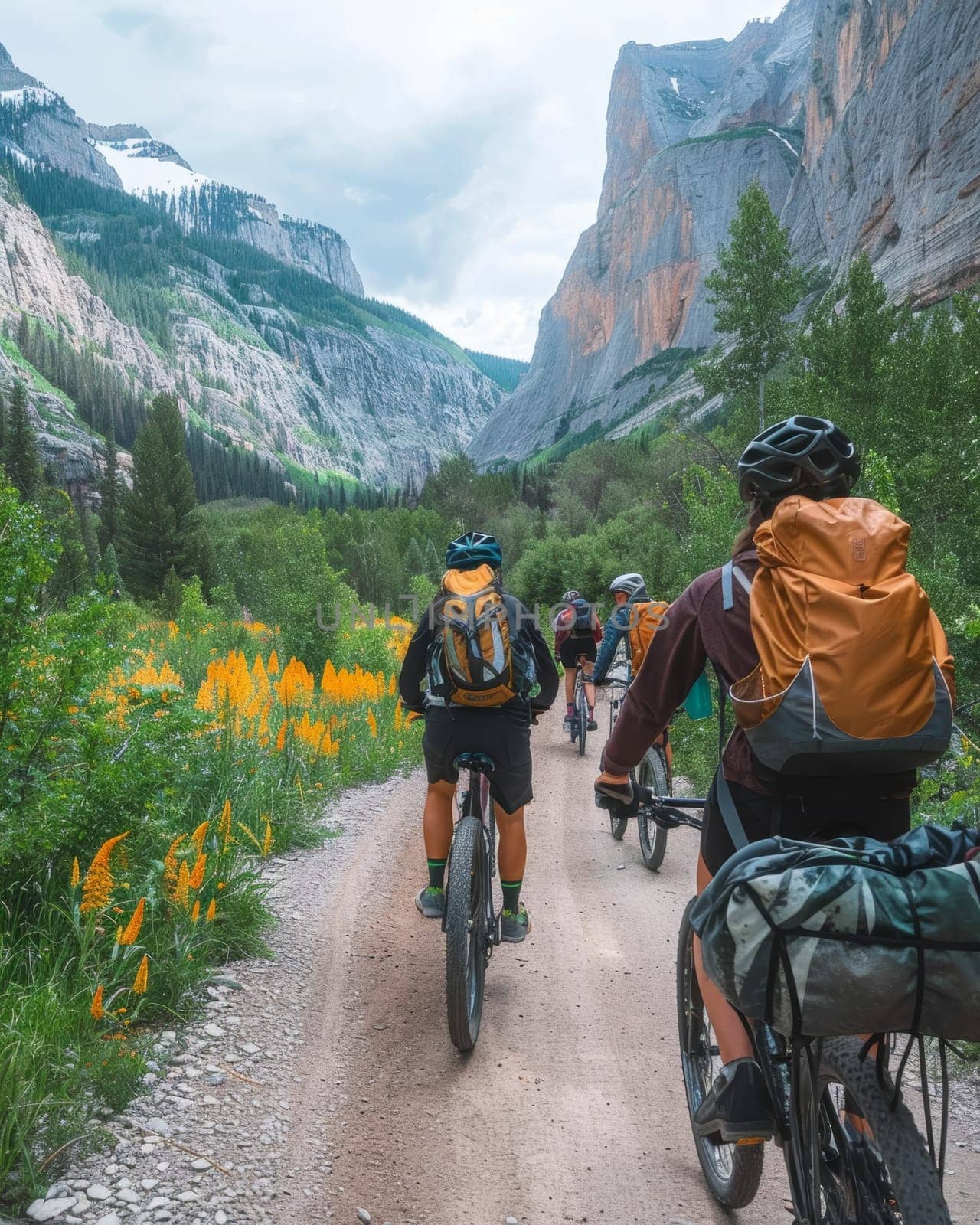 Cyclists riding on dirt path with towering mountain peaks and wildflowers