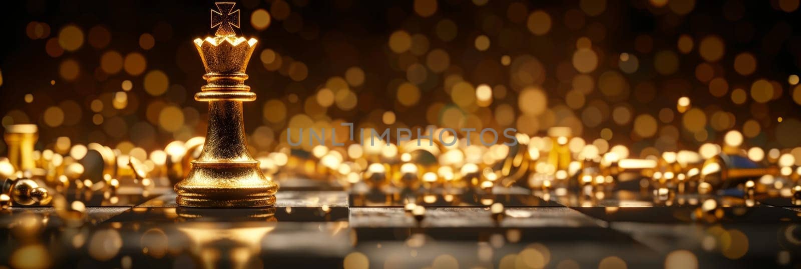 Majestic golden chess king piece stands triumphant amidst glowing bokeh lights