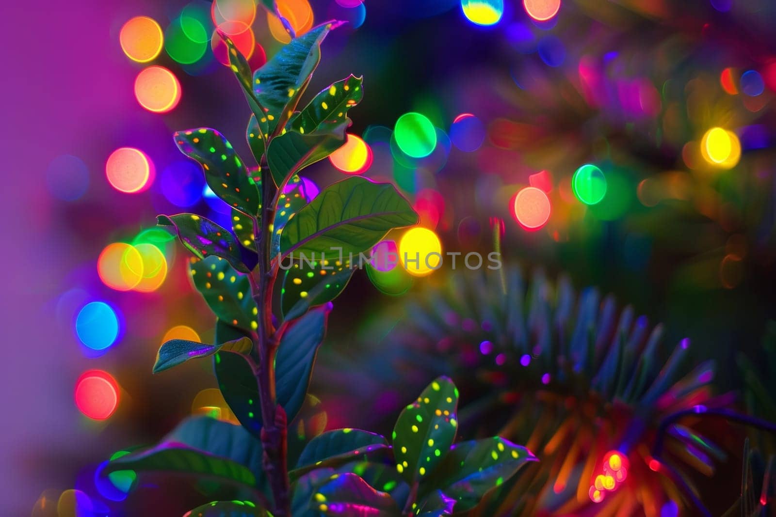Vibrant Christmas lights bokeh surrounding a green plant with glowing yellow dots on its leaves