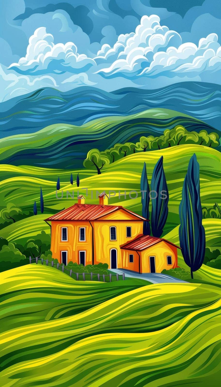 Colorful landscape of rolling hills, cypress trees, and a charming villa