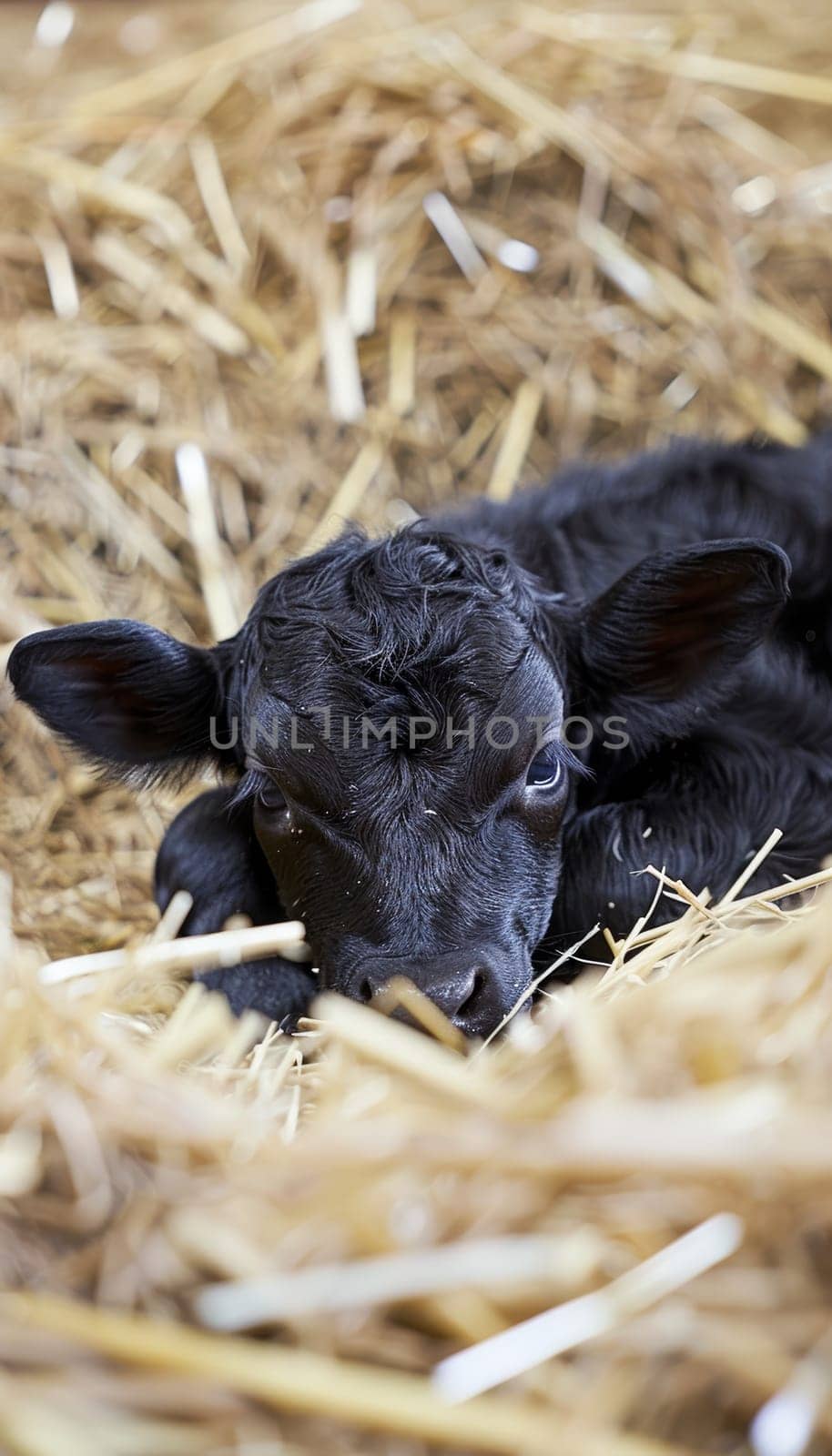 Close-up of a newborn black calf with wet fur lying in golden straw, showcasing its large eyes and soft muzzle