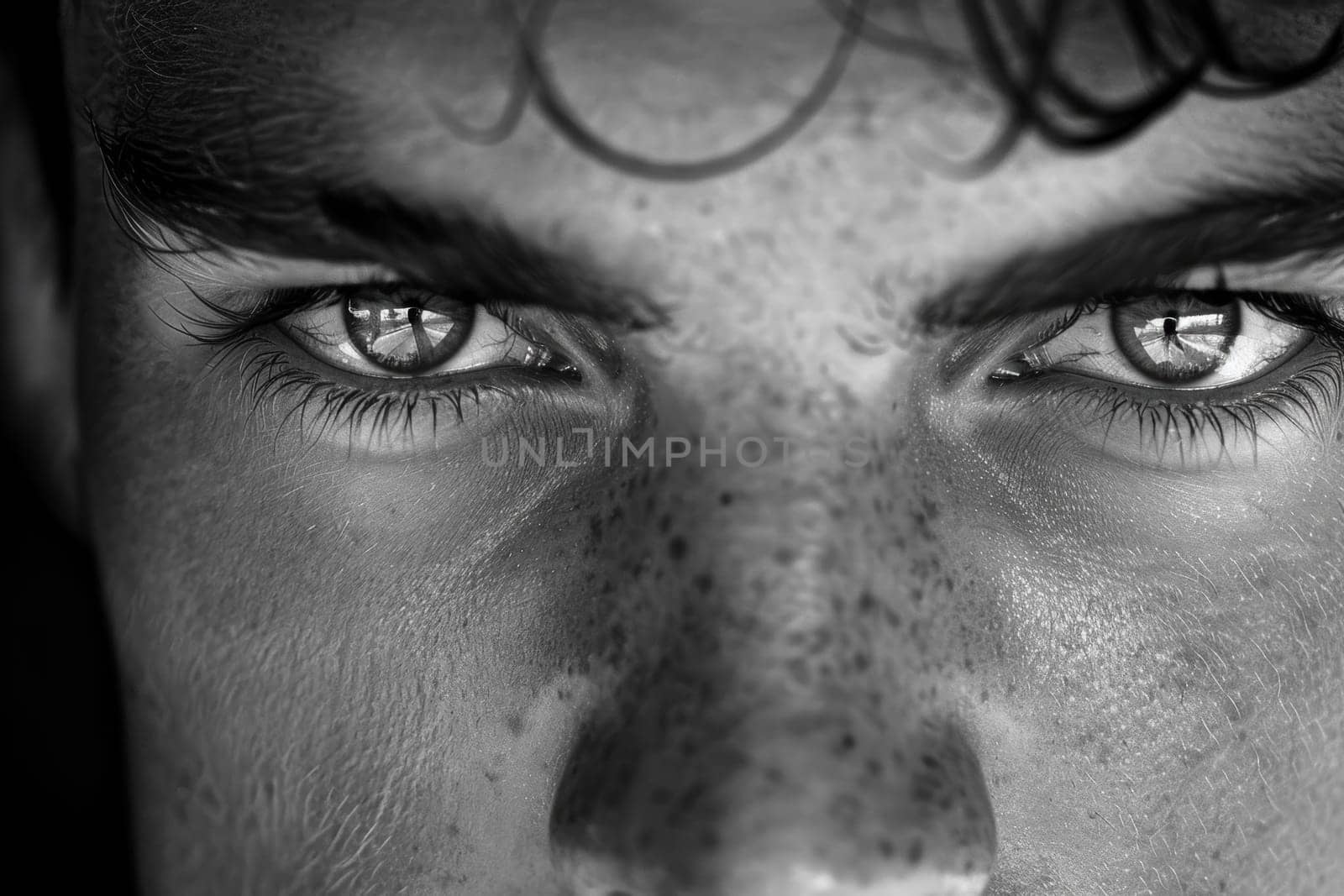Extreme close-up of piercing eyes with light reflections, framed by dark hair