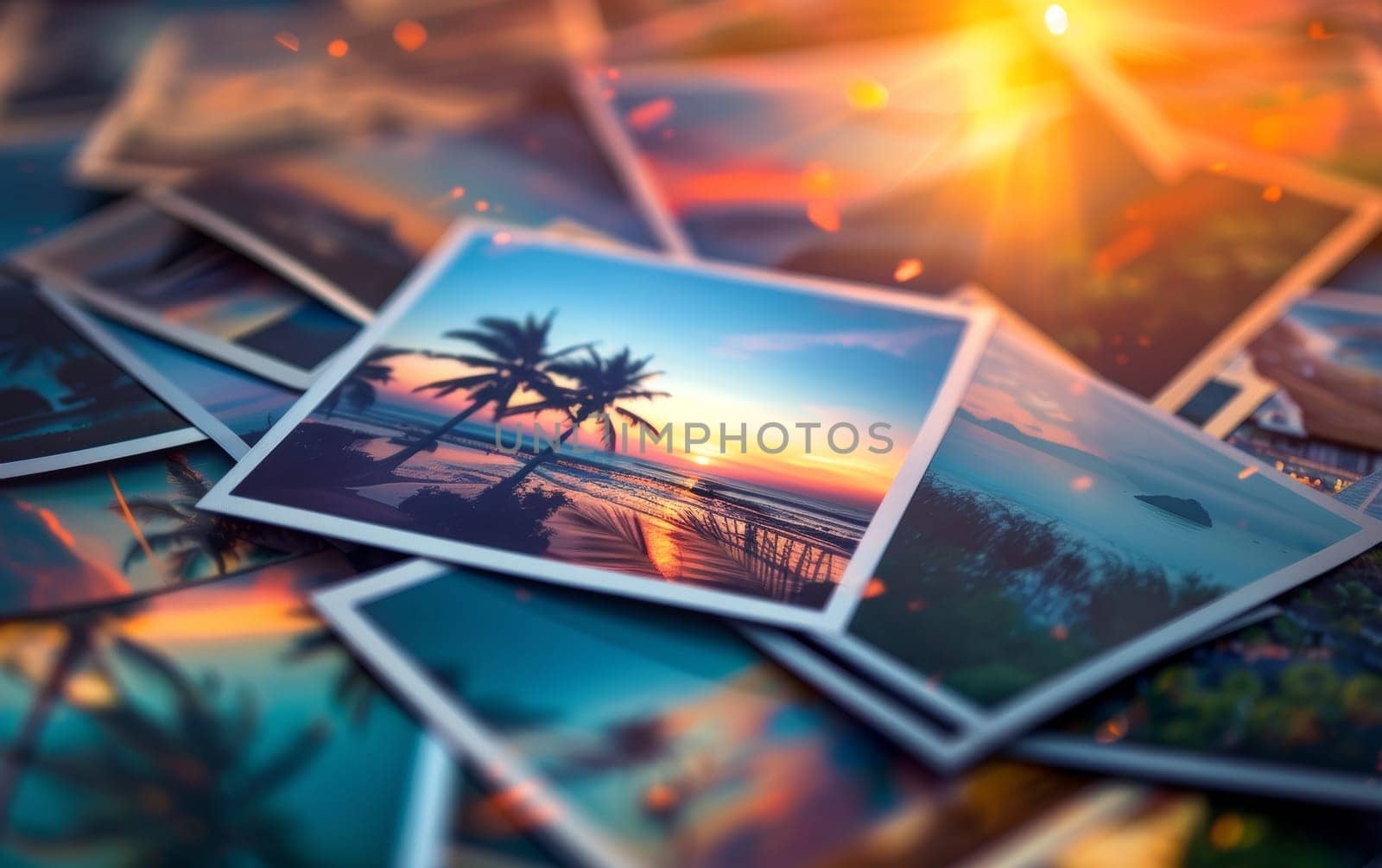 Close-up of scattered vacation photos featuring a vivid tropical sunset and palm tree silhouettes
