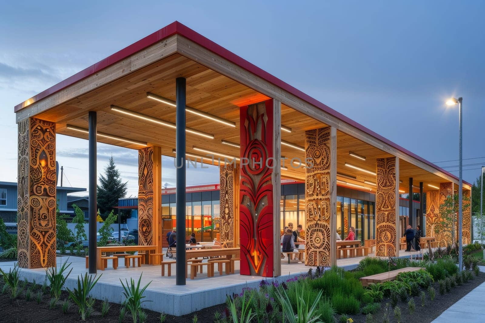 Open-air wooden structure featuring tribal patterns and modern lighting design