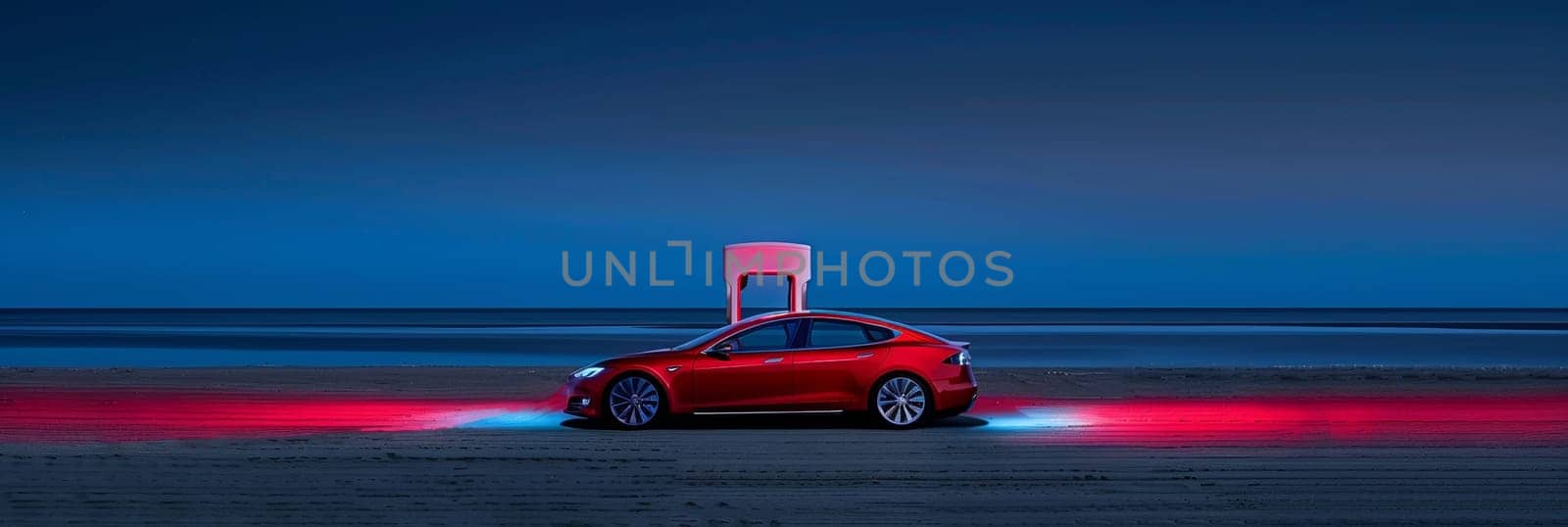 Red electric sedan illuminated while charging on sandy beach at twilight