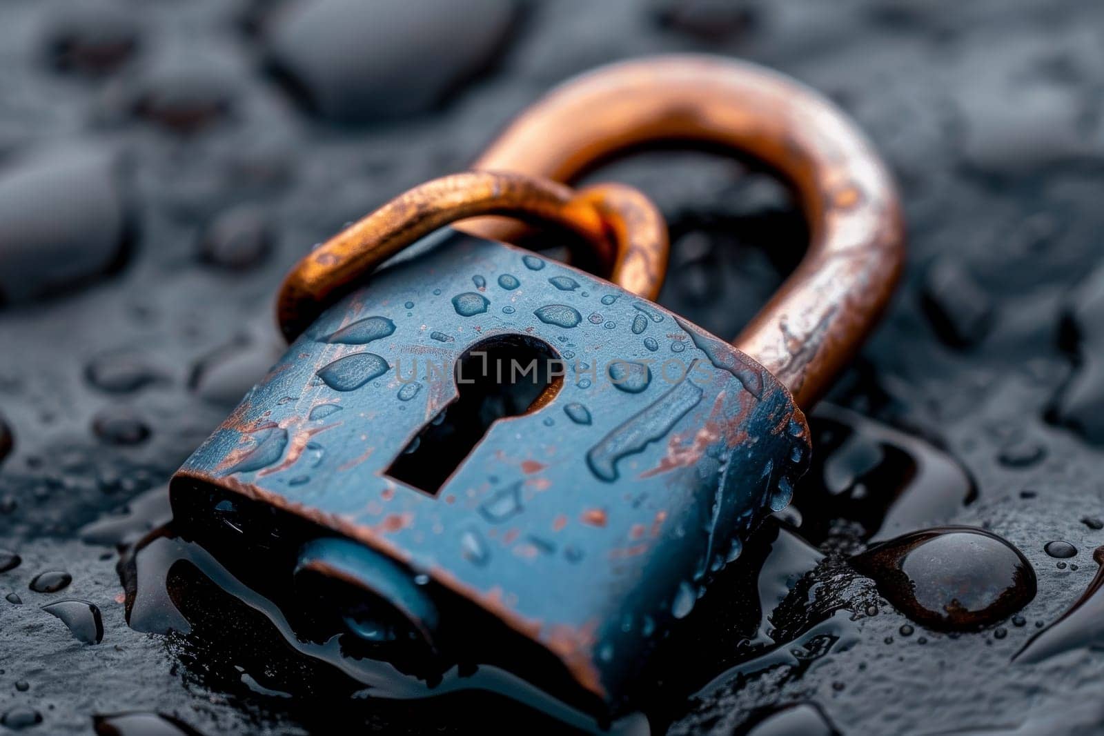 Close-up of weathered lock with keyhole covered in raindrops, security concept