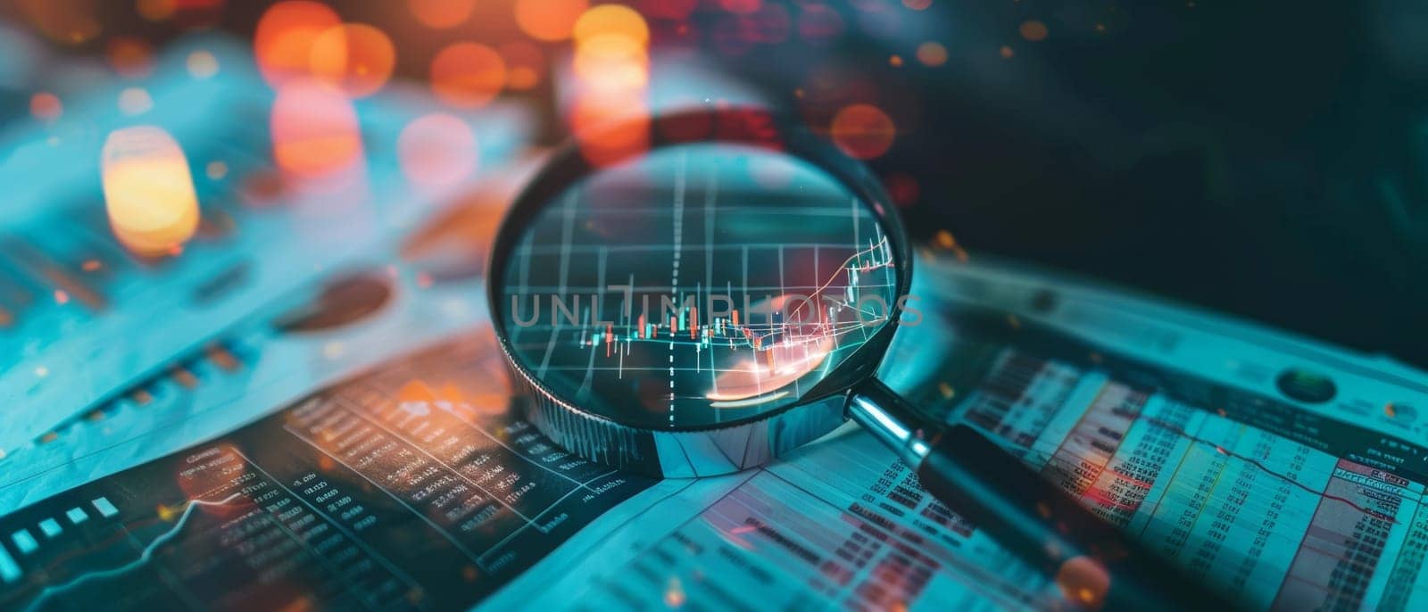 Magnifying glass revealing detailed stock market chart, symbolizing in-depth financial analysis and market research