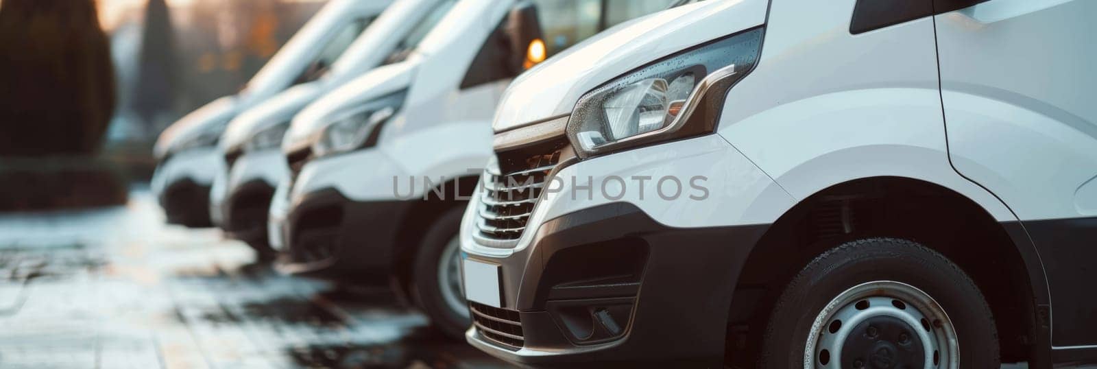 Row of parked white commercial vans with headlights visible in city environment